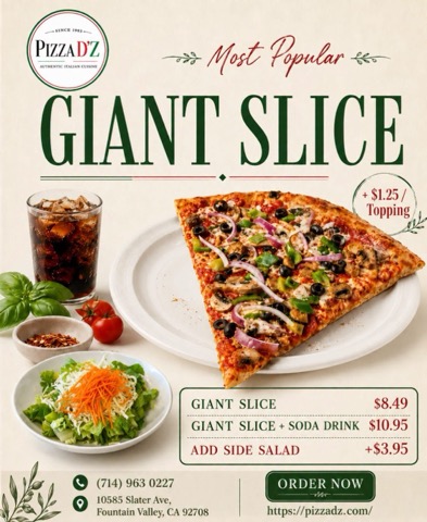 Most popular giant slice with soda and side salad