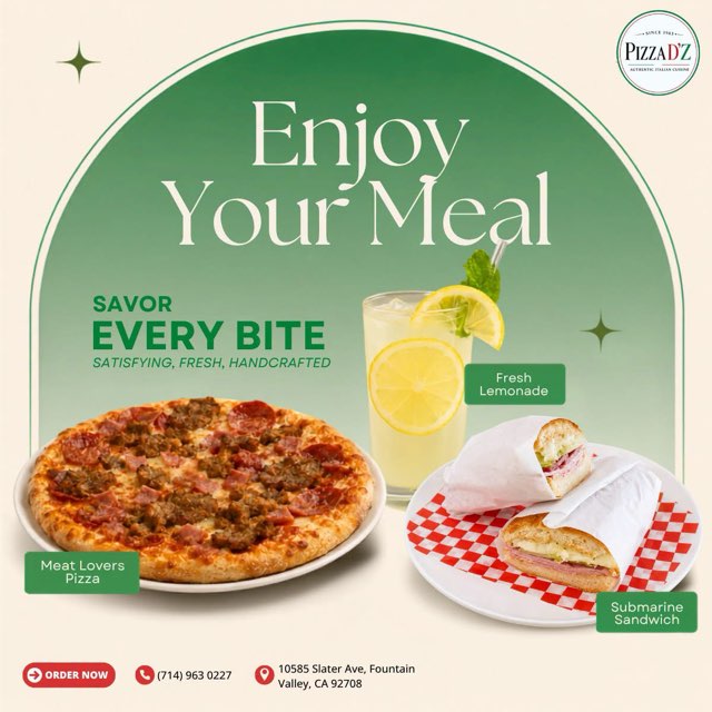 Meat lovers pizza, fresh lemonade and submarine sandwich